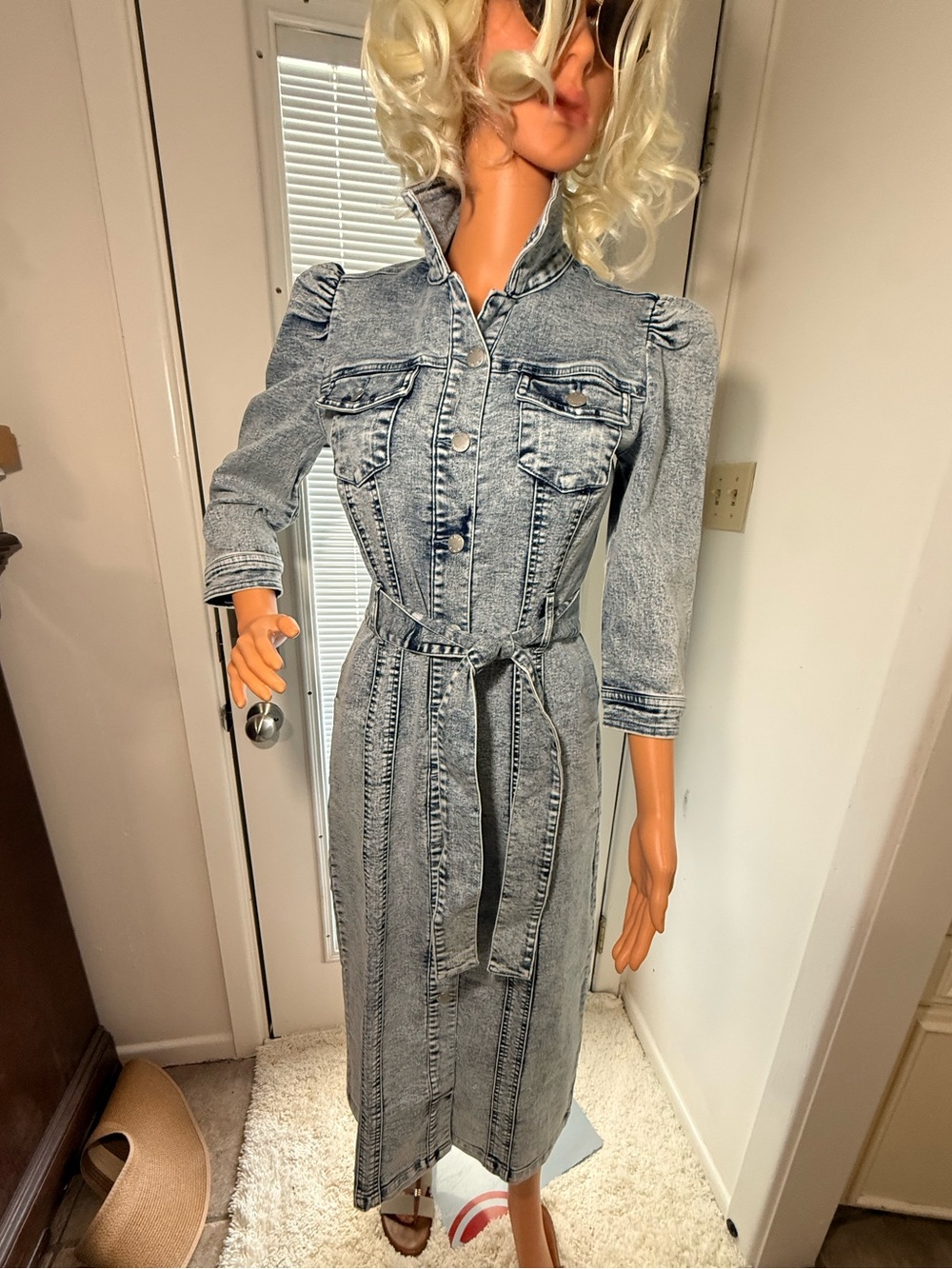 NWOT VENUS Washed Denim Midi Shirt Dress with Tie Waist - Picture 1 of 3